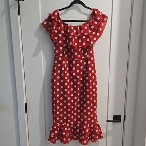 Pretty Little Thing  Red and White Ruffled Off-Shoulder Midi Dress (Never Worn)